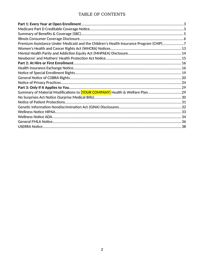 The table of contents of the 2027 Benefit Notices Package, listing the notices in three parts.